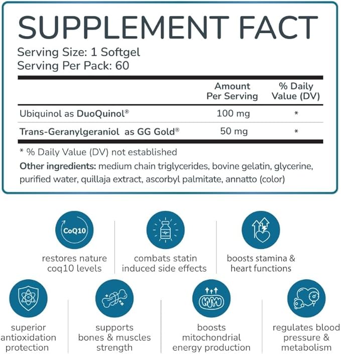 WELLNESS EXTRACT BioQuinol Ubiquinol (CoQ10) with Geranylgeraniol – Master Antioxidant for Heart Health Cellular Energy 150mg 60 Softgels