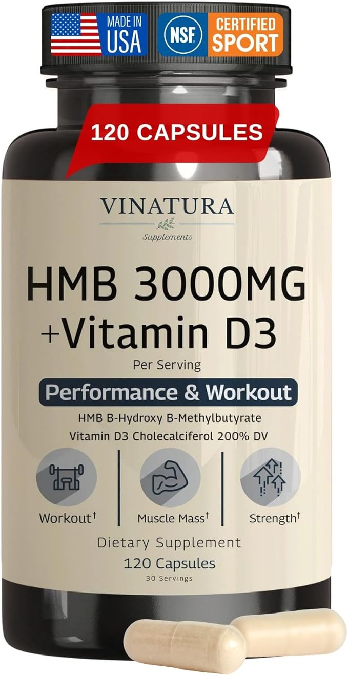 VINATURA HMB 3000mg and Vitamin D3 Supplement - HMB (Beta-Hydroxy Beta-Methylbutyrate) Vitamin D3 (1600 IU) Made in USA &amp NSF Certified for Sport - 120 Capsules
