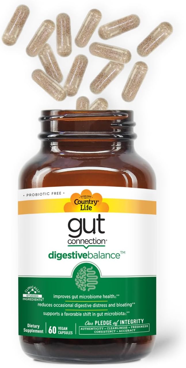 Country Life Gut Connection Digestive Balance – Prebiotic &amp Digestive Enzyme Supplement for Gut Health Bloating Relief and Improved Bowel Movements – Gluten-Free Vegan Non-GMO 60 Capsules