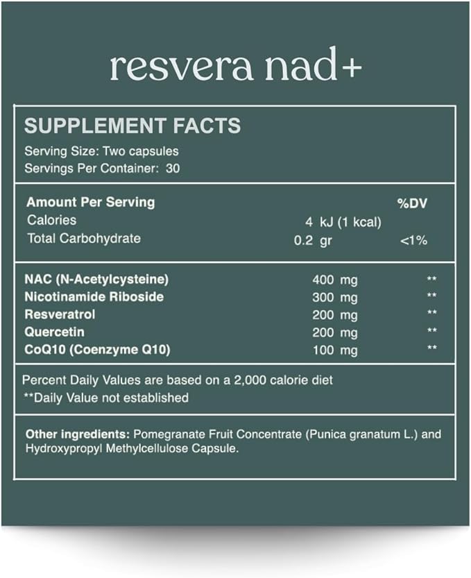 RESVERA NAD+ | Resveratrol Nicotinamide Riboside (NR) Quercetin NAC &amp CoQ10 | Supports Cellular Energy Anti-Aging Mitochondrial Health &amp Longevity | 60 Capsules