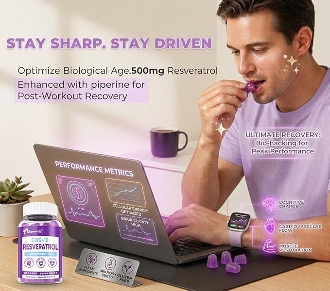 7-in-1 Trans-Resveratrol Gummies 500mg Complex - with CoQ10 DHA Vitamin C E &amp Grape Seed - Support Healthy Aging &amp Vitality - Zero Sugar Blueberry Flavor -120 Count (60-Day Supply / 2 Pack)