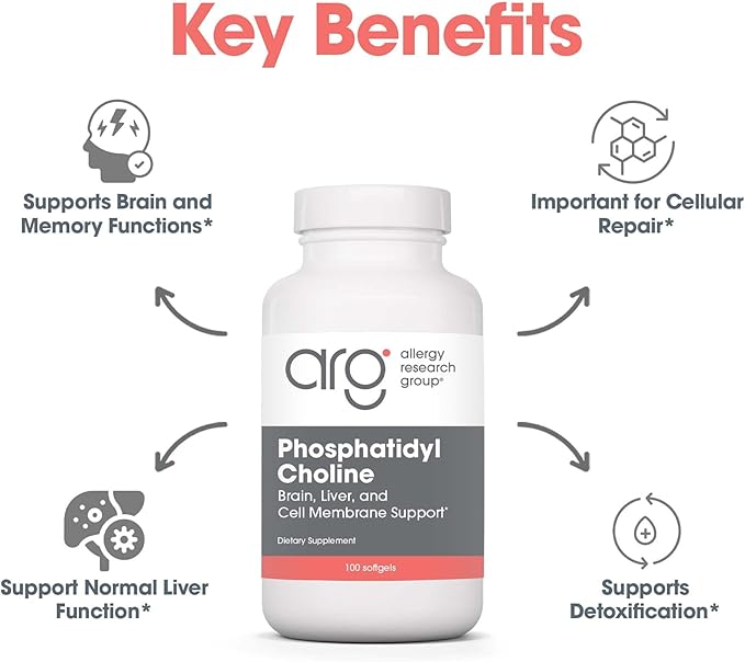 Allergy Research Group ARG Phosphatidyl Choline - 385 mg Phosphatidylcholine Lecithin - Brain Liver &amp Cell Membrane Support - Softgel Capsules - Soy-Based Supplement - 100 Servings - 100 Count