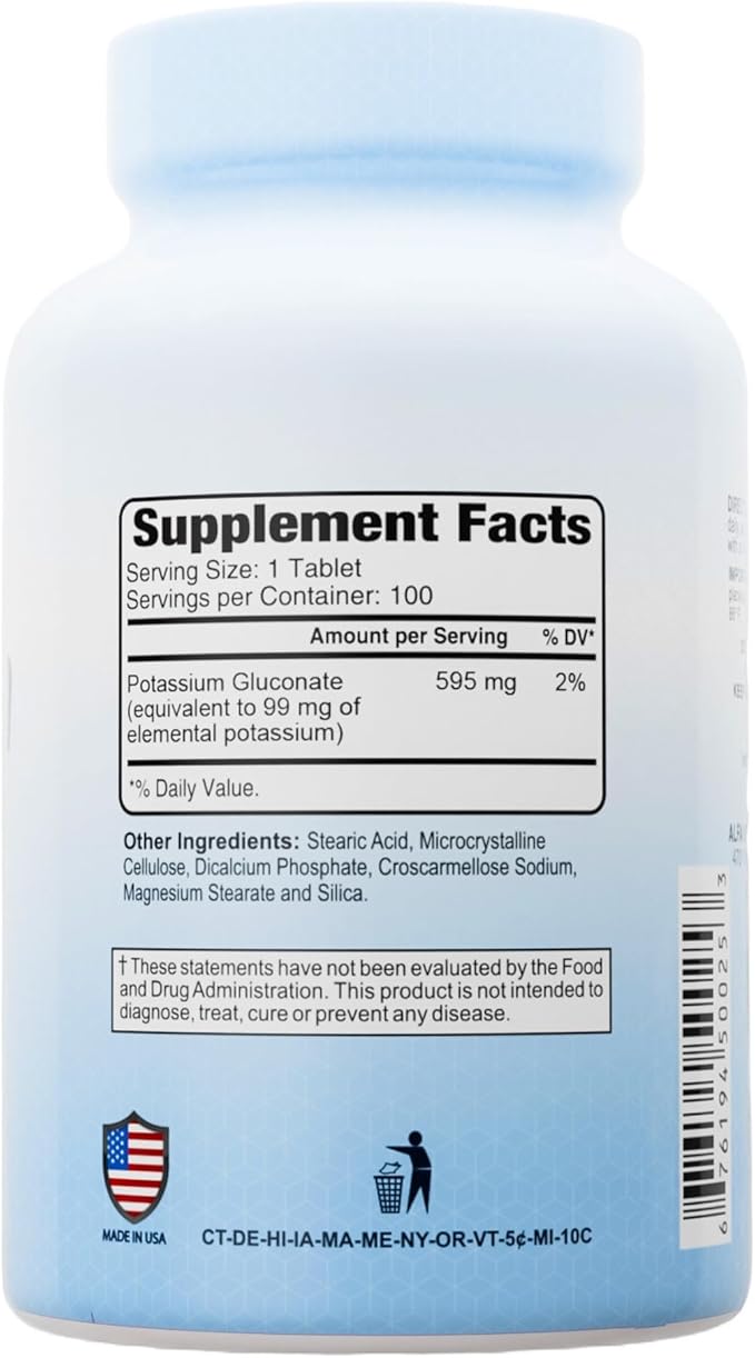 Potassium Gluconate 595 Mg by Alfa Vitamins - Supports Heart Function &amp Promotes Muscle acitvity - 100 Tablets