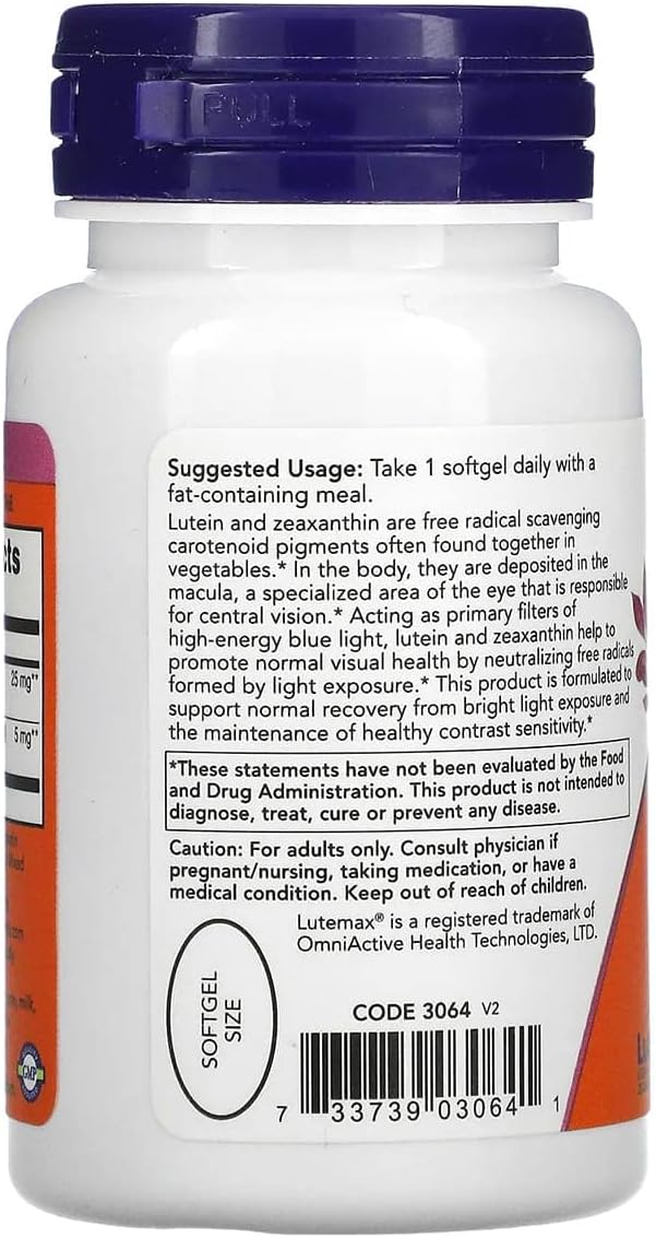 Now Supplements Lutein &amp Zeaxanthin with 25 mg Lutein and 5 mg Zeaxanthin 60 Softgels (2 Pack)