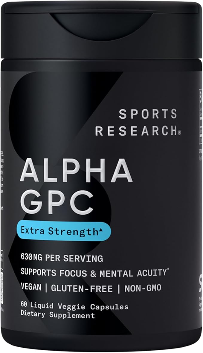 Sports Research® Alpha GPC 630mg (Extra Strength) - Bioavailable Source of Choline - Focus &amp Cognitive Support for Women &amp Men - Vegan Certified · Non-GMO · Gluten Free - 60 Liquid Capsules