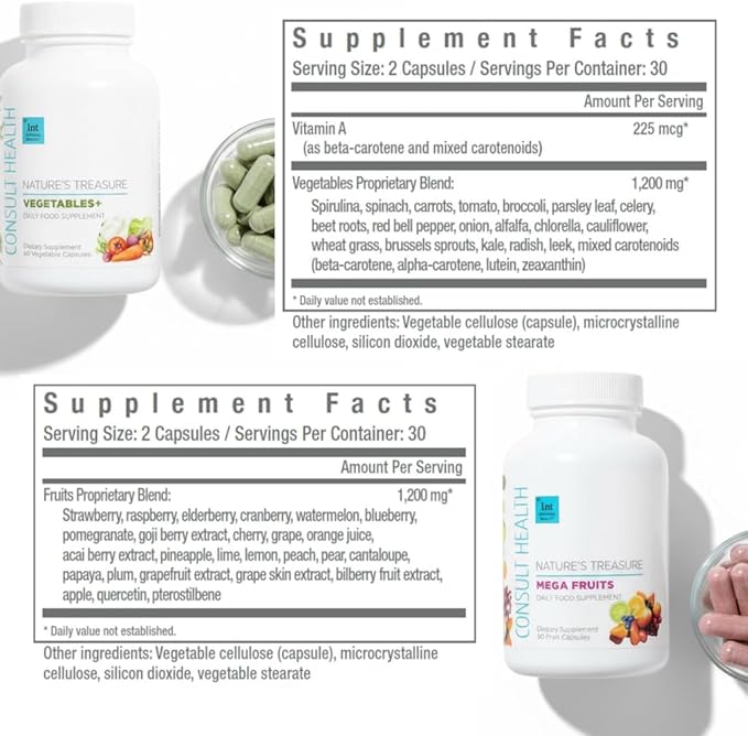 Consult Health Nature's Treasure 60 Mega Fruit and 60 Veggie Capsules100% Whole Natural Green and Red Superfood Plant Based Nutrition Supports Energy Levels Grown and Made in the USA - (2Pack)