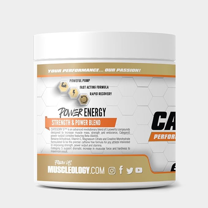 Muscleology Category5 Stim-Free Pre-Workout – Creatine Beta-Alanine &amp Magnesium Performance Formula – Electrolytes for Strength Power &amp Endurance – No Caffeine – Strawburst Flavor