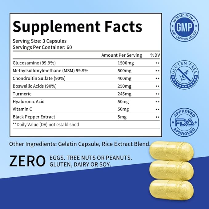 Glucosamine Chondroitin MSM and Turmeric Supplement - Used for Cartilage &amp Joint Health &amp Flexibility - for Women &amp Men - Non-GMO Gluten Free 180 Capsules