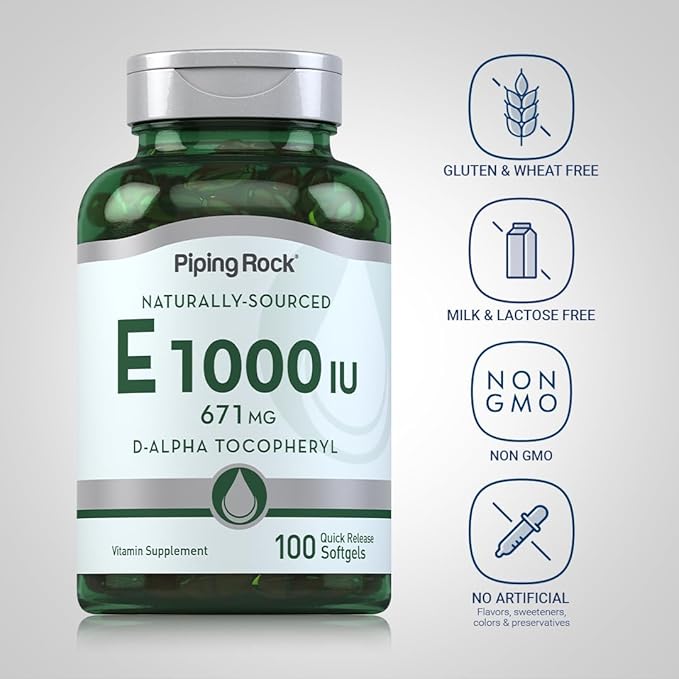 Piping Rock Vitamin E 1000 IU Softgel Capsules | 671mg | 100 Pills | D-Alpha Tocopheryl Supplement | Non-GMO Gluten Free