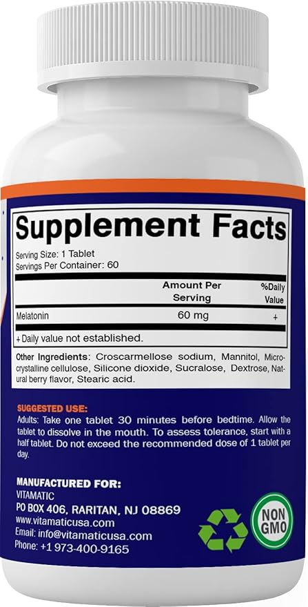 Vitamatic Melatonin 60mg with B6 Magnesium L-Theanine L-Tryptophan 5-HTP GABA Valerian Chamomile Passion Flower Ashwagandha &amp Black Pepper