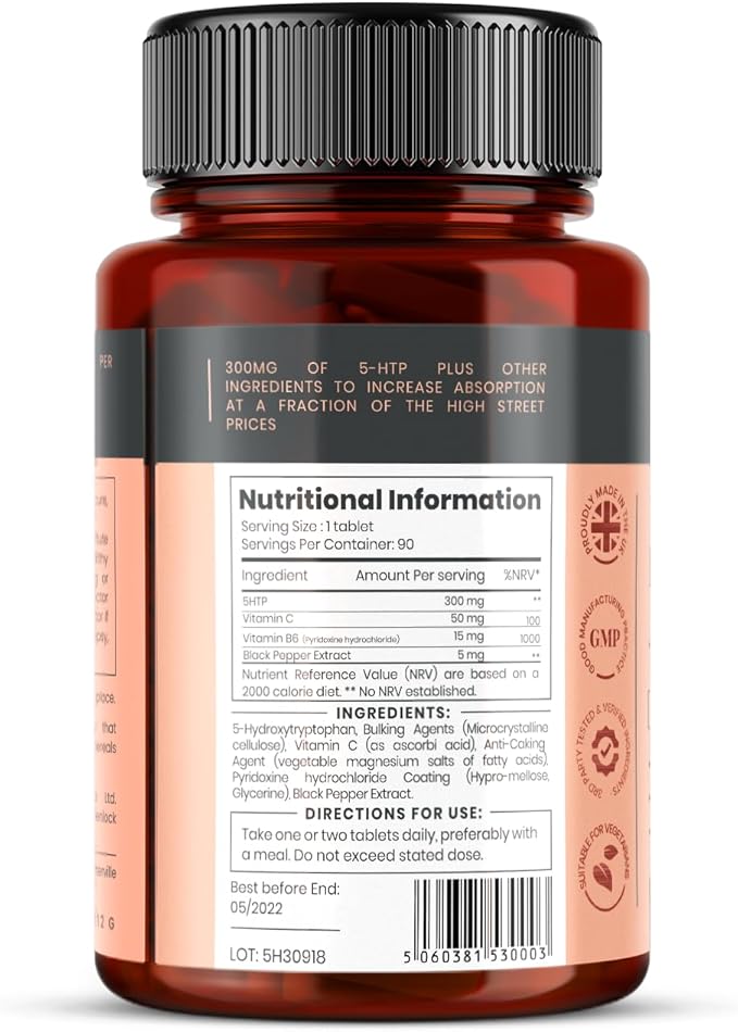 High Absorption 5HTP 300mg x 90 Tablets - 3 Months Supply. with Vitamin C B6 and Black Pepper Extract