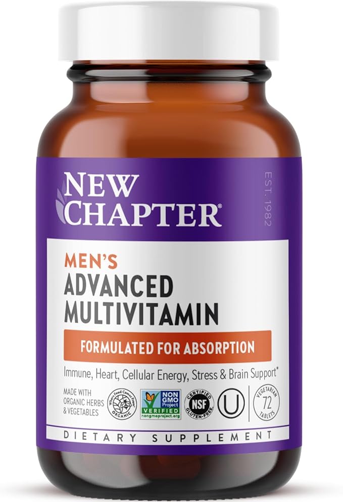New Chapter Men's Multivitamin Advanced Formula for Stress Brain Immune Heart &amp Energy Support Higher Levels of Whole-Food Fermented Essential Nutrients for Men + Selenium + B Vitamins 72 ct