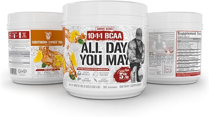 5% Nutrition Rich Piana AllDayYouMay BCAA Powder Premium Intra &amp Post Workout Amino Acids Hydration Endurance Muscle Recovery Joint &amp Liver | 16.3 oz 30 Srvgs (Southern Sweet Tea)