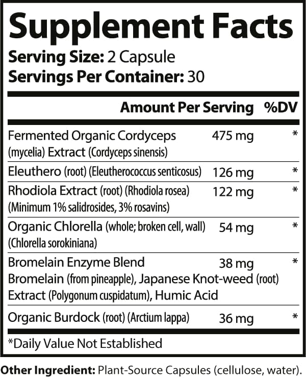 Adrena Boost Adrenal Support Complex - Help Maintain Healthy Energy &amp Stress Levels. Cordyceps Eleuthero Rhodiola Chlorella Burdock Bromelain Japanese Knotwood - 60 Veggie Capsules