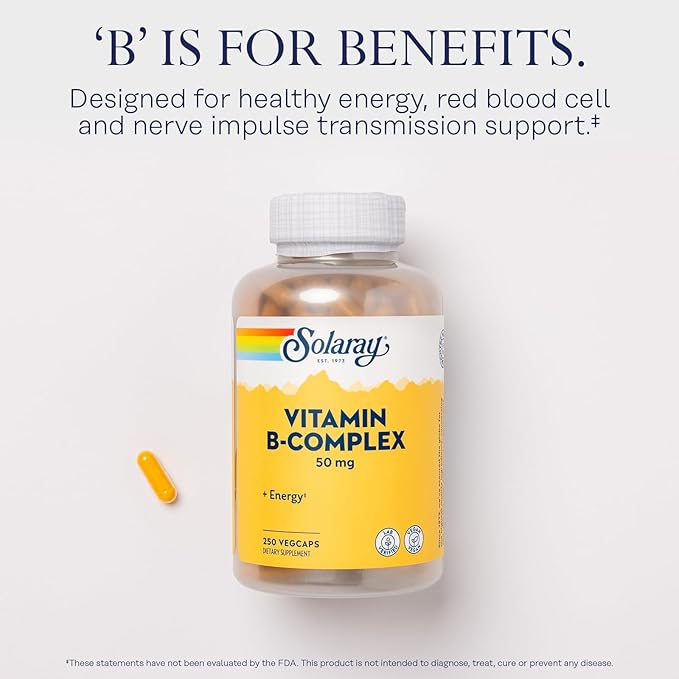 SOLARAY Vitamin B Complex 50 mg - Cellular Energy Vitamins - Metabolism and Nerve Health Support with Vitamin B12 Vitamin B1 B6 Niacin Folic Acid Biotin and Other B Vitamins - Vegan 250 VegCaps