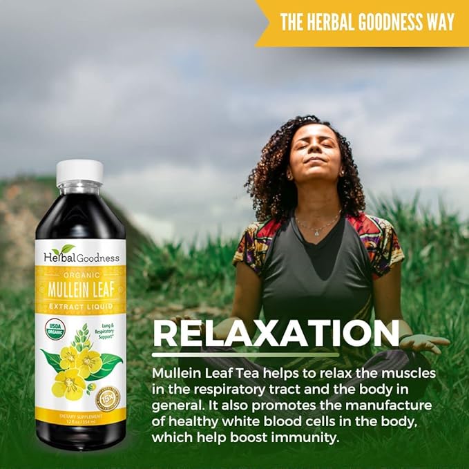 Herbal Goodness Mullein Drops for Lungs - Respiratory Support Mullein Leaf Extract for Lungs Bronchial &amp Lung Detox for Smokers Organic Wild Mullen as Tea Pills Tincture - Made in USA - 12 Fl