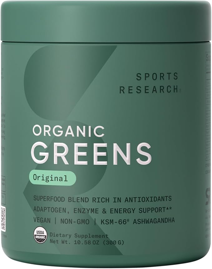 Sports Research® Organic Greens Superfood Powder w/Spirulina &amp Chlorella Adaptogens Enzymes Probiotics &amp 8 VIT Bs &amp Creatine Monohydrate &amp Collagen Peptides for Women &amp Men Unf