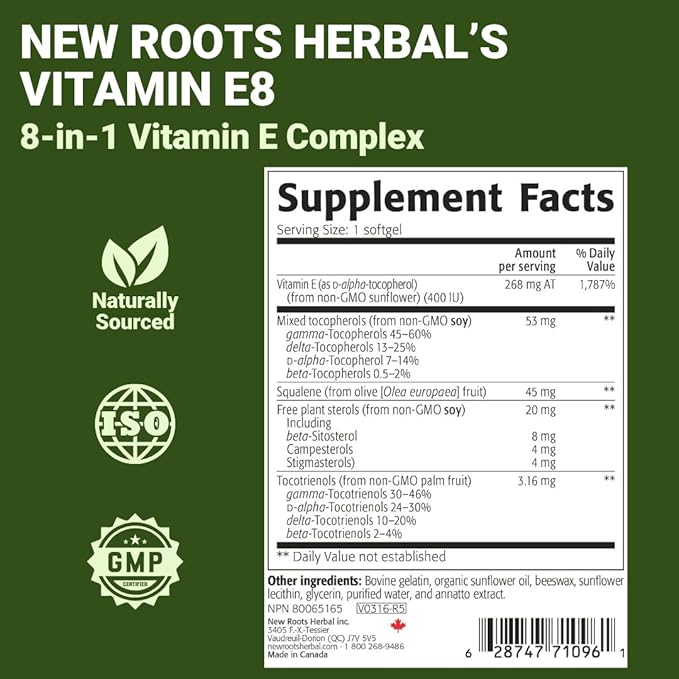 NEW ROOTS HERBAL Vitamin E 400 IU Capsules | Vitamin E8 Supplement (120 Softgels) with All 8 Types of Vitamin E | 4 Tocopherols &amp 4 Tocotrienols for Women &amp Men