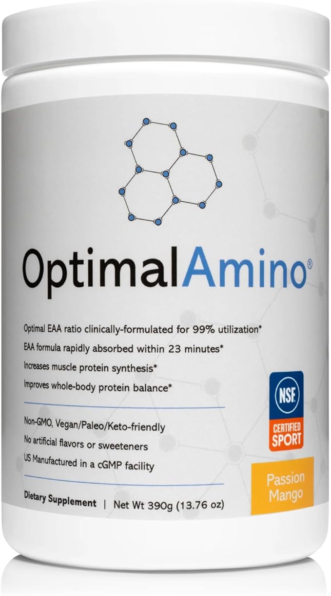 OptimalAmino Amino Acid Powder | 99% Utilized Essential Amino Acid (EAA) Supplement | Pre/Post Workout &amp Muscle Recovery | NSF for Sport Certified | Passion Mango Flavor