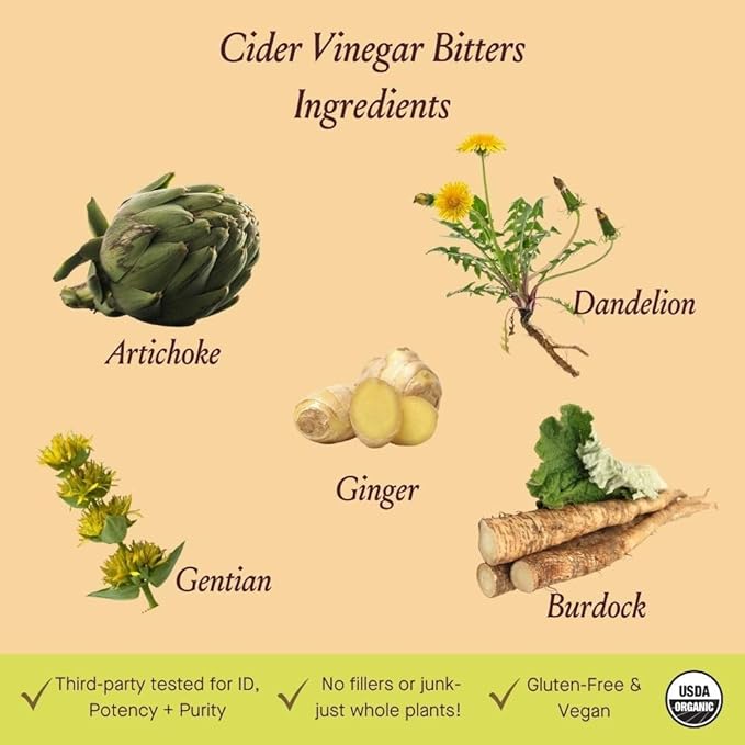 Urban Moonshine Cider Vinegar Digestive Bitters - Alcohol-Free - Relieves Heartburn &amp Indigestion - Digestive Support - Gut Health - Certified Organic - Apple Cider Vinegar -Dandelion Root - Artic