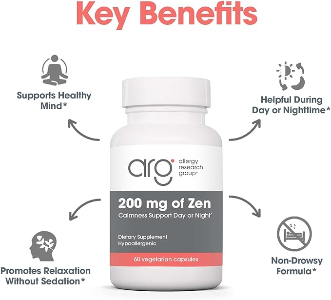 Allergy Research Group ARG 200 mg of Zen - Supports Calm and Stress Balance - Delivers 200 mg L-Theanine &amp 550 mg GABA per Serving - Vegetarian &amp Hypoallergenic - 30 Servings - 60 Capsules