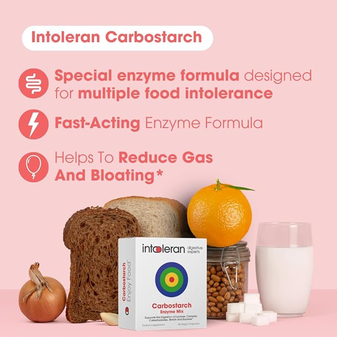 Intoleran Carbostarch Digestive Enzymes - 36 Capsules | Helps Digest Starch Sucrose Lactose and Complex carbohydrates | FODMAP Intolerance | Highly Dosed Supplement | Pure &amp Vegan