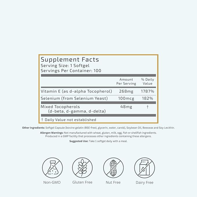 VTC VitaTradingCo. Vitamin E + Mixed Tocopherols | 400 IU Vitamin E | with Selenium &amp D-Alpha | Powerful Antioxidant | Skin Heart &amp Immune Support | 100 Softgels