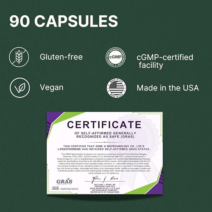 L-Ergothioneine Supplement 30mg - Fermentation-Based 99.99% Purity Antioxidant - Clinically Studied to Support Longevity Restful Sleep &amp Healthy Aging - Vegan &amp Non-GMO - 90 Capsules
