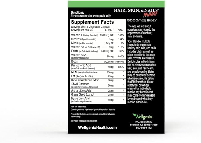 Wellgenix Purvana MAX Hair Skin and Nails Supplement – 5000mcg Biotin with MSM &amp B-Complex – Supports Thicker Hair Stronger Nails &amp Glowing Skin – 60 Veggie Capsules (2 Pack)