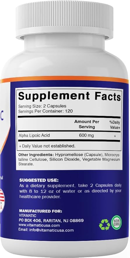 Vitamatic Alpha Lipoic Acid (ALA) 600mg Per Serving - 240 Vegetable Capsules - 120 Servings - Non-GMO &amp Gluten Free-2 Pack