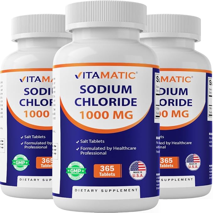 Vitamatic Sodium Chloride 1000mg – 365 Tablets Electrolyte Replenisher &amp Hydration Support – Non-GMO Gluten-Free -3 Bottles