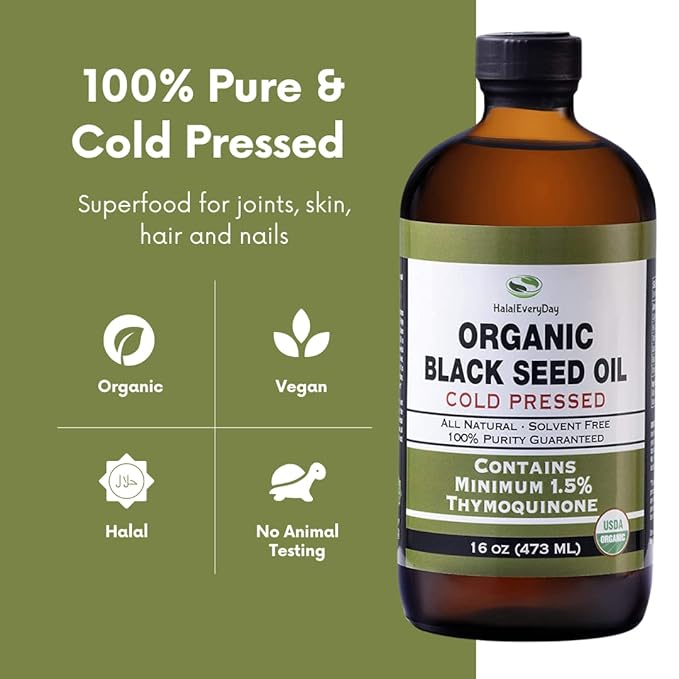 Organic Black Seed Oil - USDA Certified Cold Pressed Glass Bottle Over 1.5% Thymoquinone 3X strength Turkish Black Cumin Nigella Sativa non-GMO 100% Pure Blackseed Oil (8oz Glass Bottle)