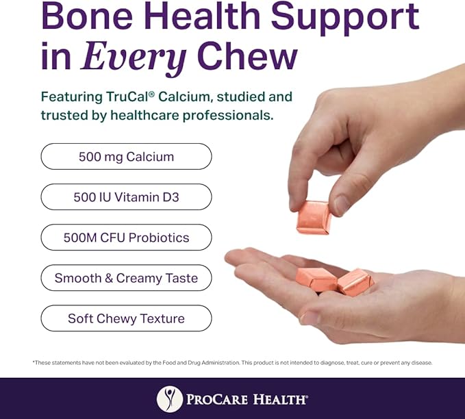 ProCare Health TruCal Calcium Soft Chews – Peaches &amp Cream Flavor | 500mg Calcium 500 IU Vitamin D3 500 Million CFU Probiotics | Bone &amp Digestive Support | 30 Count