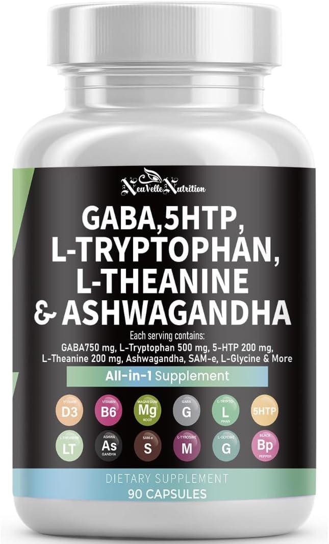 GABA Pills with 5-HTP Extract L-Tryptophan L-Theanine Ashwagandha Vitamins D3 B6 Magnesium L-Tyrosine L-Glycine Sam-e &amp Black Pepper Mood Support Supplement