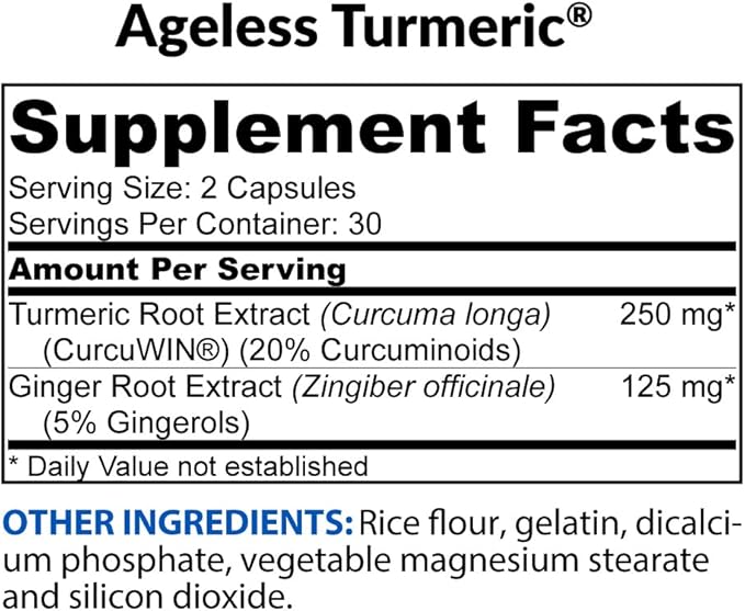 BioTrust Ageless Turmeric Supplement - CurcuWIN Turmeric Curcumin with Ginger Extract - 46x More Bioavailable High Absorption Long Lasting - Antioxidant Support (60 Capsules) (Pack of 2)