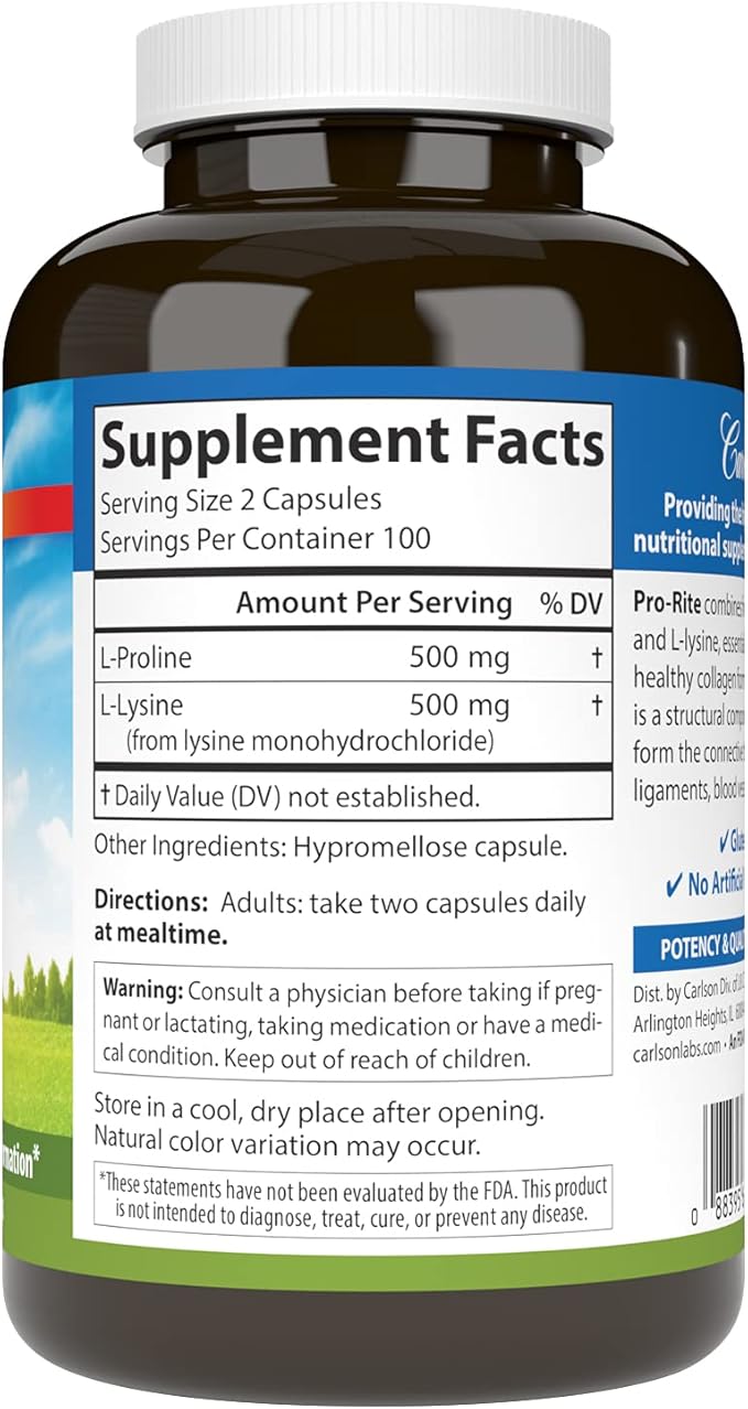 Carlson - Pro-Rite Free-Form L-Proline &amp L-Lysine Health Joint Support &amp Collagen Formation 200 Capsules