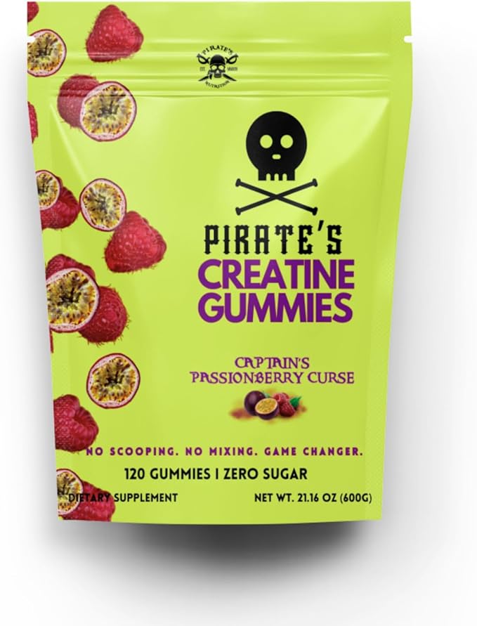 Pirate's Nutrition Creatine Gummies Zero Sugar Captain's PassionBerry Curse 120 Count Passion Fruit and Raspberry Flavor 5g Creatine Monohydrate Vegan Non-GMO Gluten Free