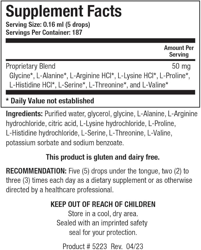 Biotics Research Amino Acid Quick Sorb Liquid Formula Highly Absorbed Glycine L Alanine L Arginine HCl L Lysine HCl L Proline L Histidine HCl L Serine L Threonine L Valine 2 Fluid Ounces