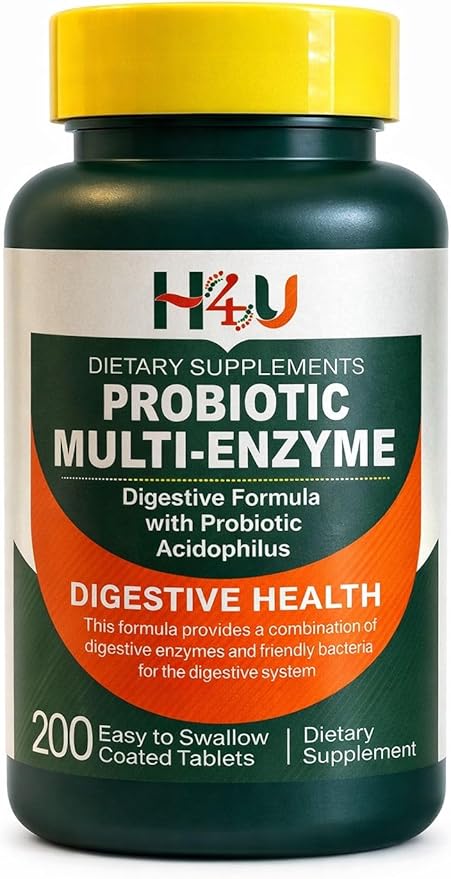 H4U Multi-Enzymes with Probiotic Acidophilus Organic Prebiotics &amp Probiotics for Gut and Digestive Health - Relief from Meal Time Discomfort &amp Bloating - Tablets Dietary Supplement - 200 Coun