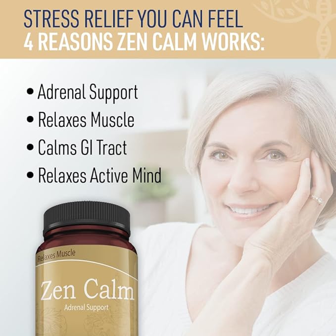 Zen Calm Stress Adrenal Support Supplement Organic Adaptogenic Herbs - Magnesium B Vitamins GABA &amp More to Support a Natural Calm. Non-Drowsy. Non-GMO (60 Veggie Caps)