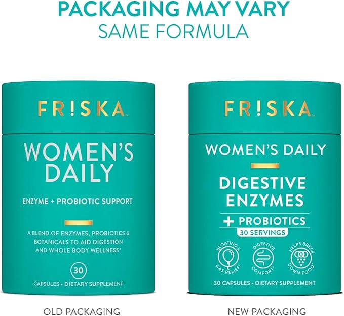 FRISKA Women’s Daily Digestive Enzyme and Probiotics Supplement Advanced Natural Support for Female Digestive Health Fights Bloating Eases Digestion Supports Nutrient Absorption 30 Capsules