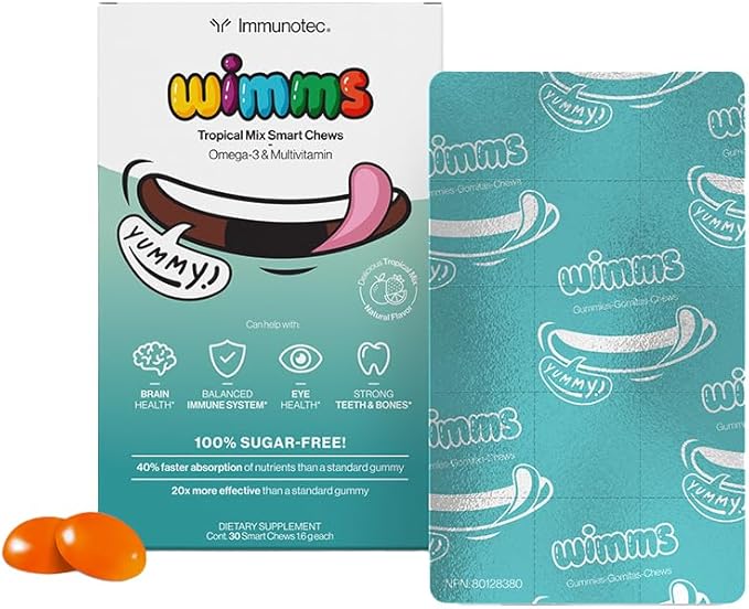Immunotec Wimms Smart Chews – Kids Omega-3 &amp Multivitamin Supplement – Supports Brain Development Focus &amp Immune Health – DHA EPA Vitamin D3 C &amp E – Sugar-Free – 30 Chews