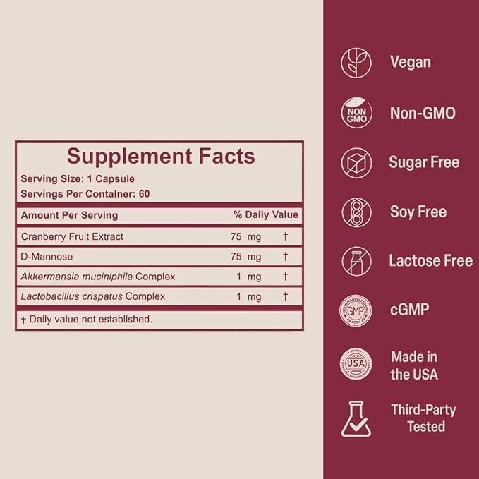 Vaginal Probiotics for Women with Akkermansia L. Crispatus Cranberry Pills &amp D-Mannose - Supports Vaginal pH Balance for Women UTI Support &amp BV Prevention - 60 Day Supply | USA Made