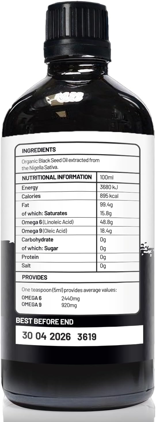 Nigella Sativa Black Seed Oil – Pure Cold-Pressed with 2% Thymoquinone | Egyptian Sourced | Nutrient-Rich for Overall Wellness Hair &amp Skin Care | 30 Servings in Glass Bottle