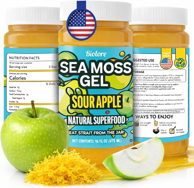 Biolore Sour Apple Sea Moss Gel 16 oz - No Added Sugar Vegan Made in USA - Wildcrafted Sea Moss Superfood with 92 Essential Vitamins - Ready to Use No Prep Needed