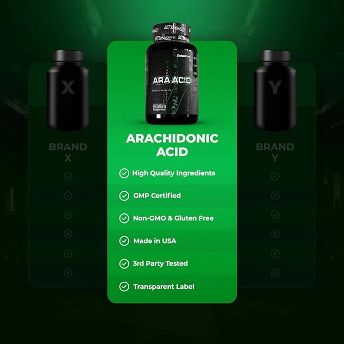 Enhanced Labs Arachidonic Acid (ARA) Muscle Building Supplement1400 mg 30 Servings 120 Veg Capsules Omega 6 for Strength &amp Lean Mass Rice Bran Oil Third Party Tested