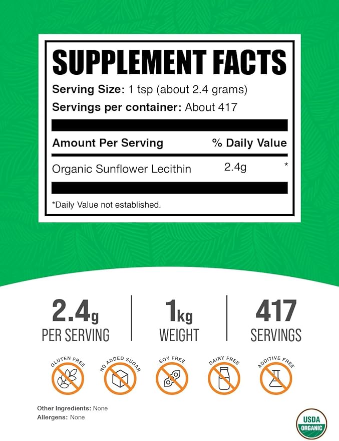 BulkSupplements.com Organic Sunflower Lecithin Powder - Sunflower Lecithin Supplement Nutritional Supplement Food Grade - Vegan &amp Gluten Free 2.4g per Serving 1kg (2.2 lbs) (Pack of 1)