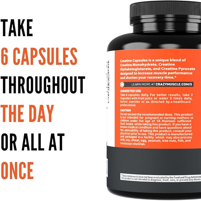 Crazy Muscle Creatine Capsules 5g of Premium 3X ThreeAtine Pre Workout Bulk Mass Gainer High Absorption Easy to Take Creatine Monohydrate Optimum Performance for Men Women 360 Capsules