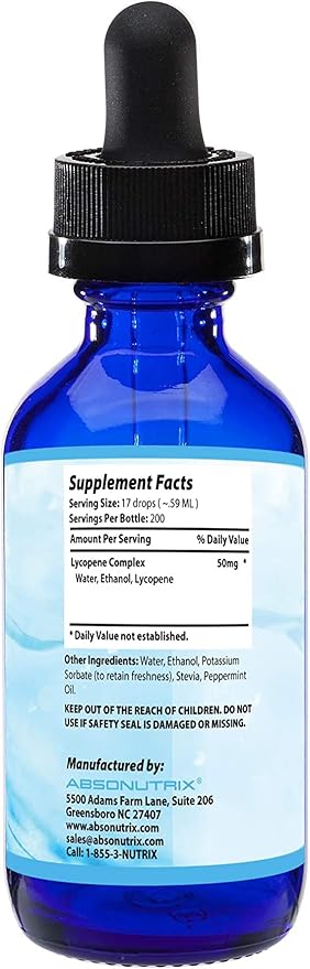 Absonutrix Lycopene Complex- 50 mg 4 Oz Bottle 200 Highly Potent Servings Pure Ingredients Third-Party Tested Quick Absorption GMP-Certified Non-GMO Cruelty-Free Products Made in USA