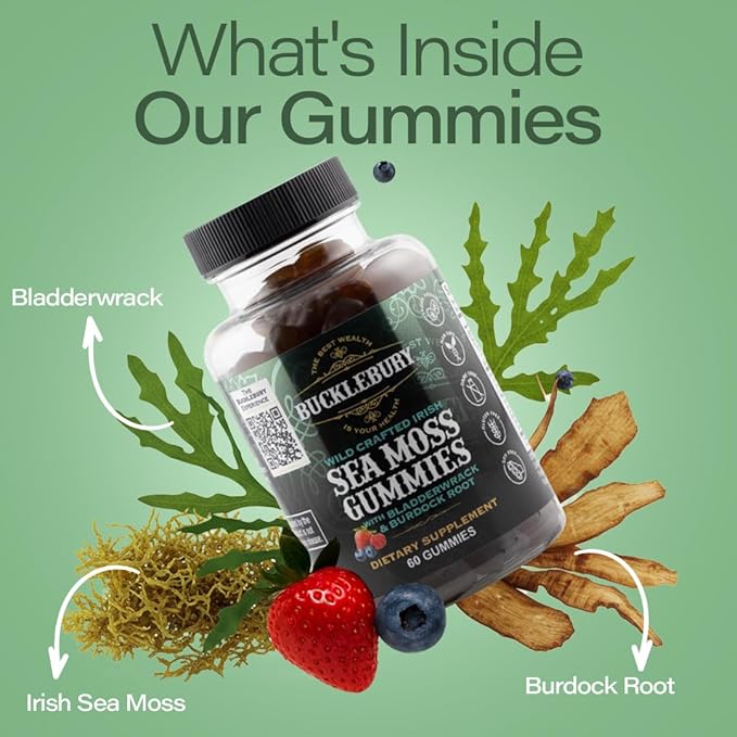 BUCKLEBURY Wild Crafted Irish Sea Moss Gummies with Bladderwrack &amp Burdock Root - Natural Chewable Multivitamin Vegan Sea Moss Gummies for Immune Thyroid &amp Digestive Support - 60 Count